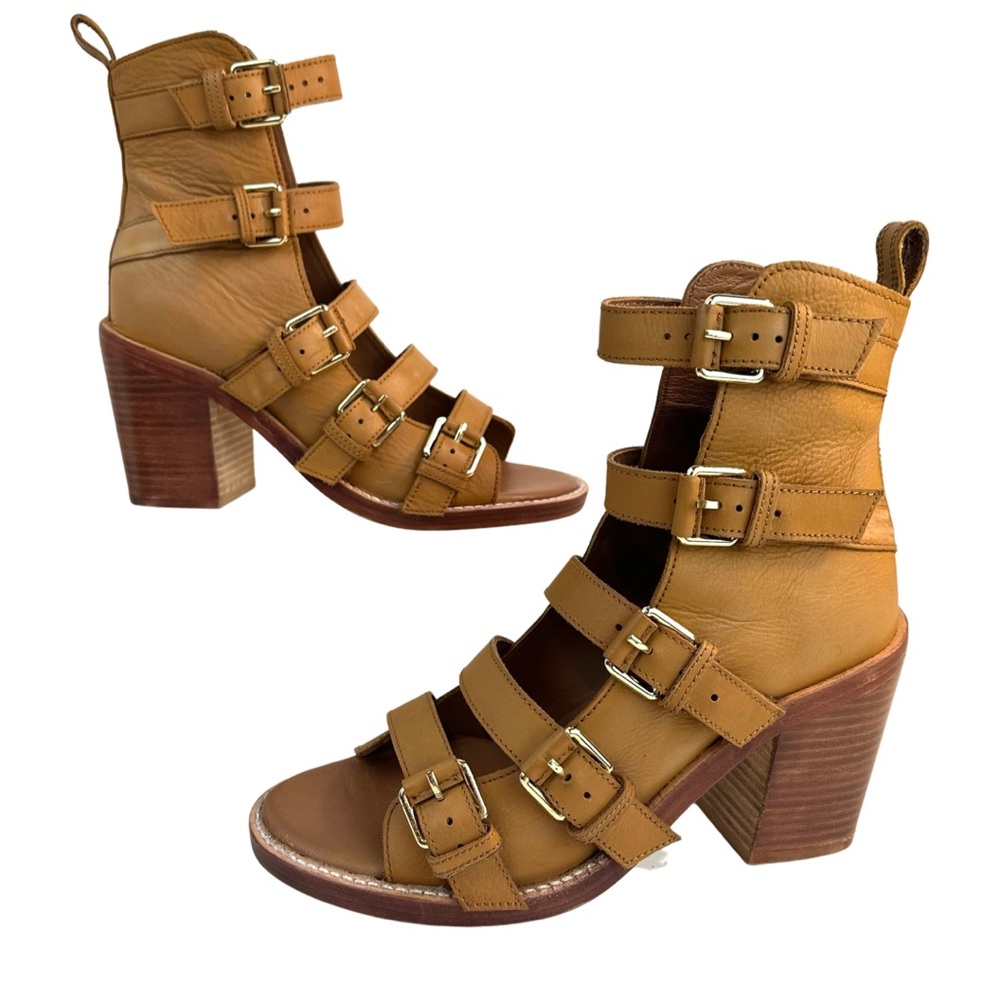 Free People Women’s Leather Buckle Up Baby Block Heels Color: Tan  Size: 8 NWT.